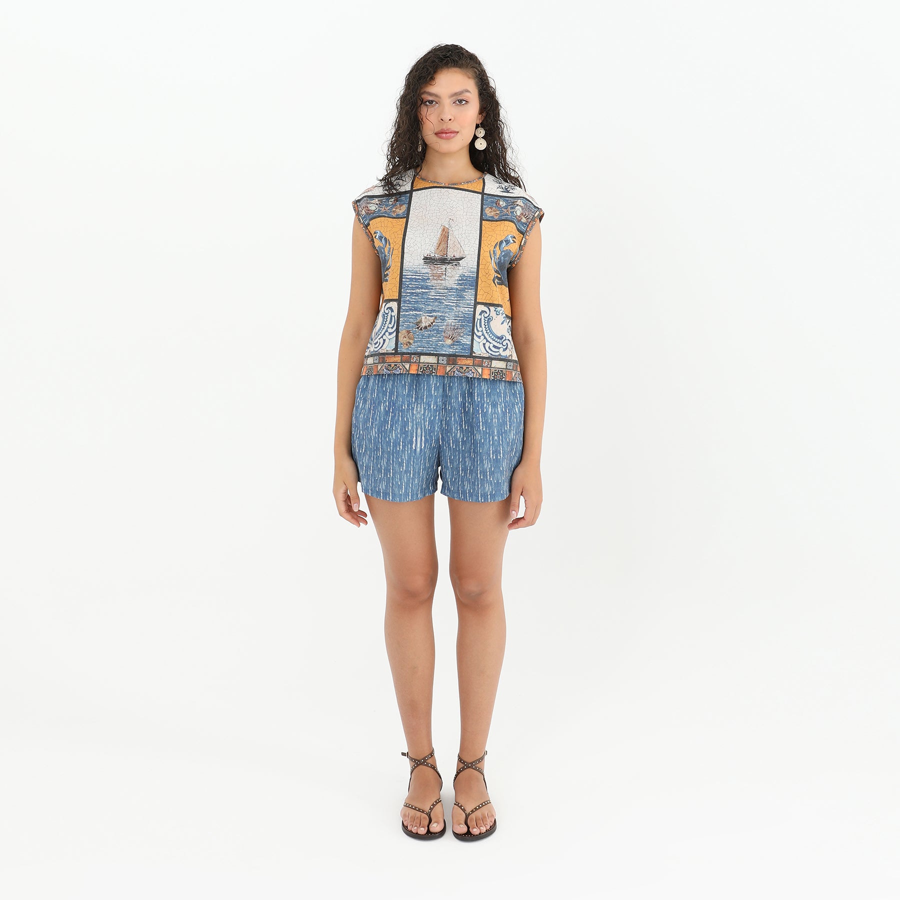 Front view of Sea Boat Print Blouse - 95% Polyester, 5% Linen