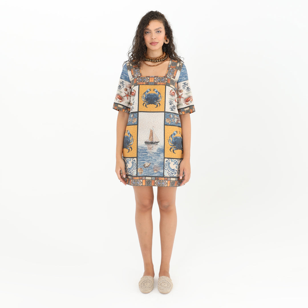 Front view of Square Neck Sea Print Midi Tunic Dress - 95% Polyester, 5% Linen