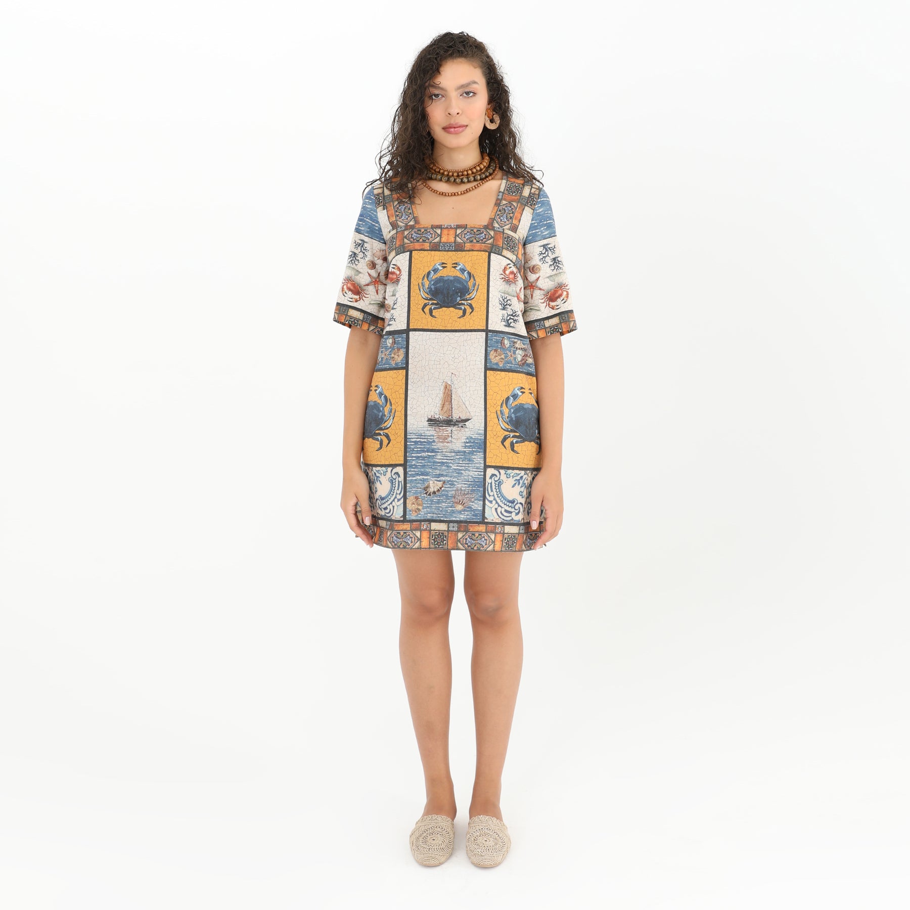Front view of Square Neck Sea Print Midi Tunic Dress - 95% Polyester, 5% Linen
