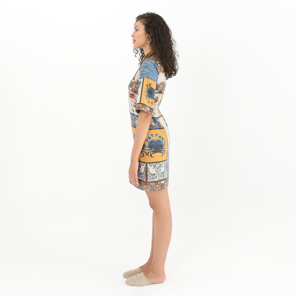 Square Neck Sea Print Midi Tunic Dress 60855