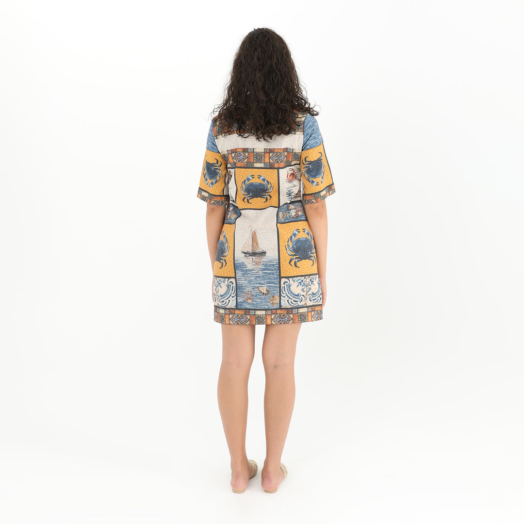 Back view of Square Neck Sea Print Midi Tunic Dress - Available in XS, S, M, L