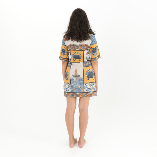 Back view of Square Neck Sea Print Midi Tunic Dress - Available in XS, S, M, L