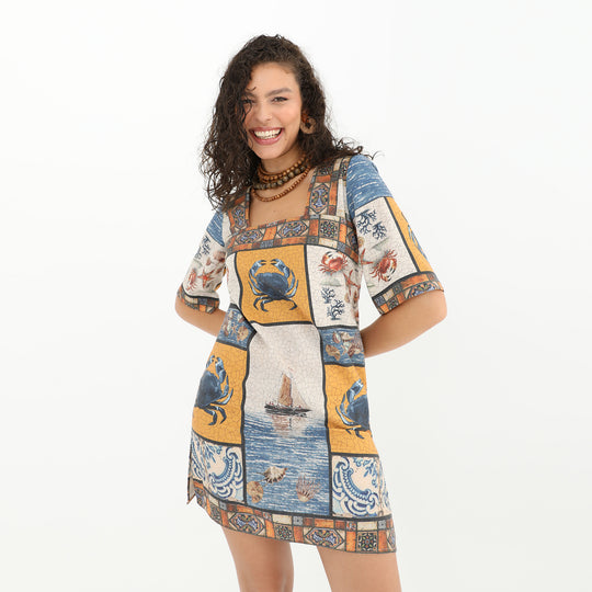 Square Neck Sea Print Midi Tunic Dress 60855