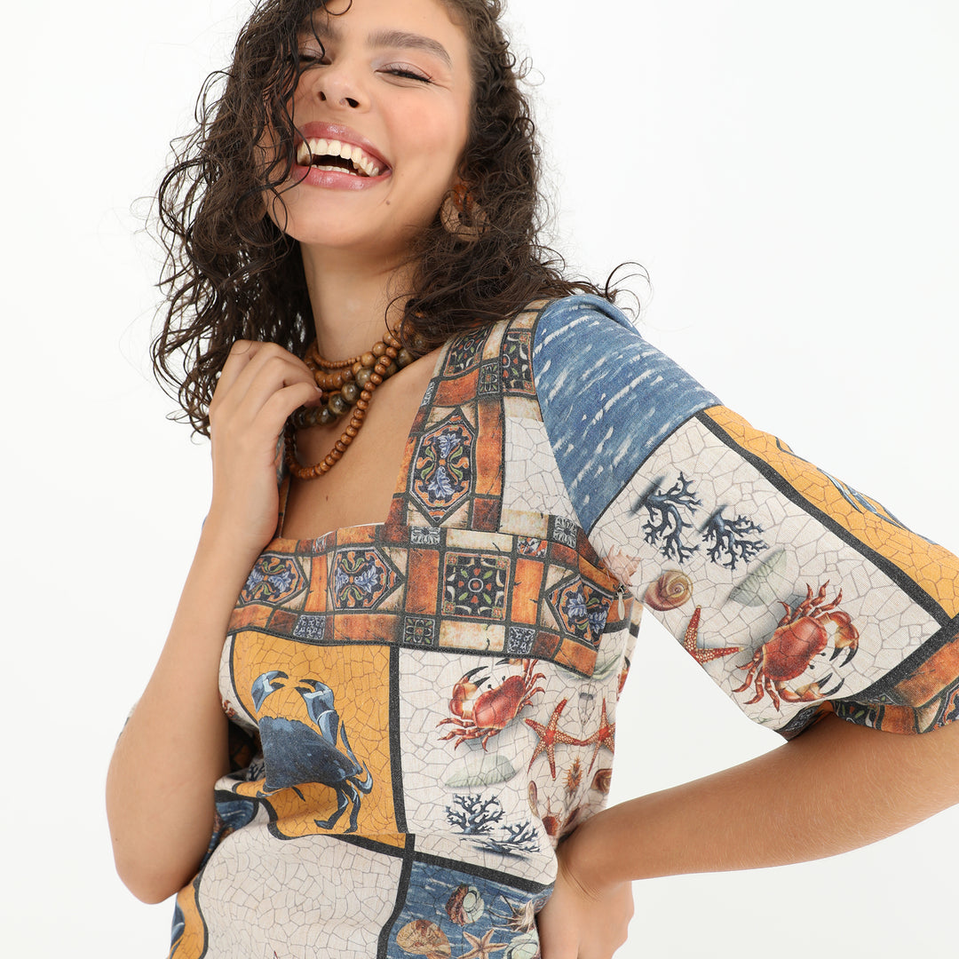 Square Neck Sea Print Midi Tunic Dress 60855