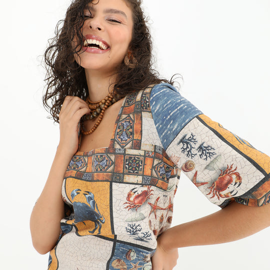 Square Neck Sea Print Midi Tunic Dress 60855