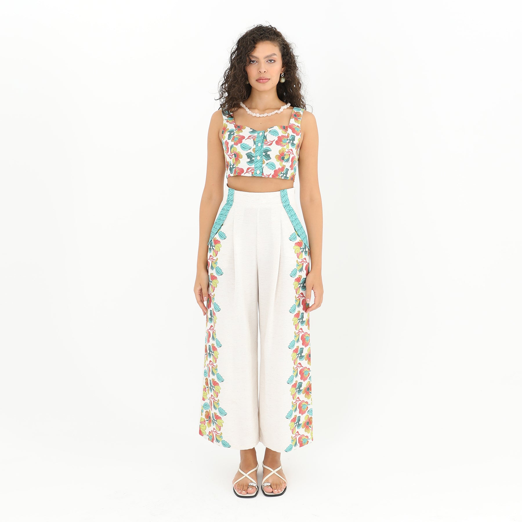 Front view of Side Print Palazzo Pants - 95% Polyester, 5% Linen