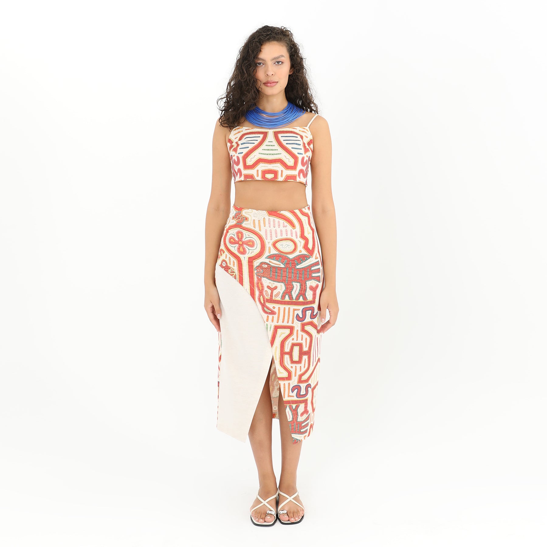 Front view of Tribal Print Strappy Crop Top - 95% Polyester, 5% Linen