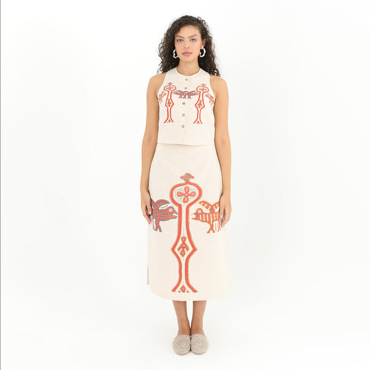 Front view of Tribal Print Button Up Vest - 95% Polyester, 5% Linen