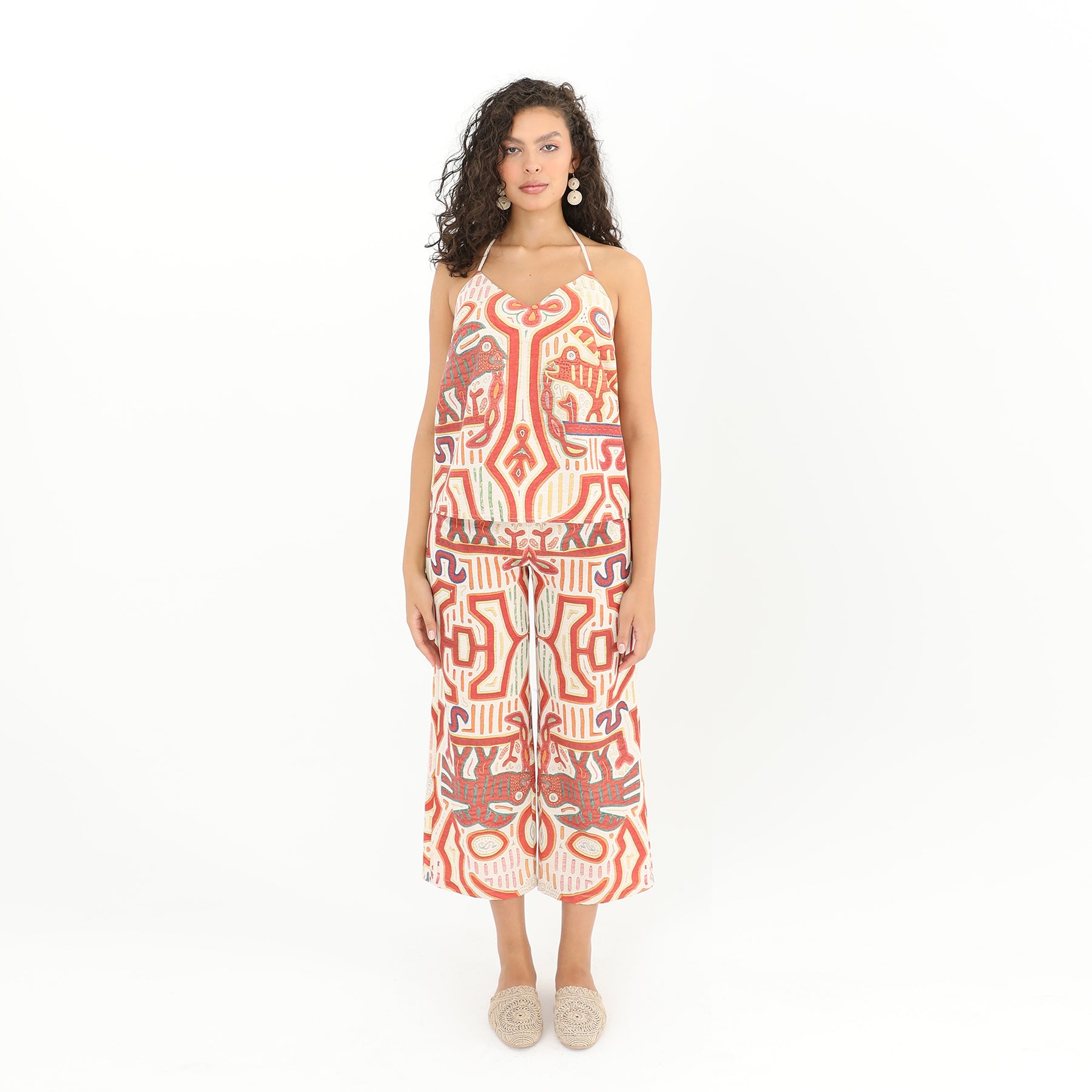 Front view of Tribal Print Crop Pants - 95% Polyester, 5% Linen