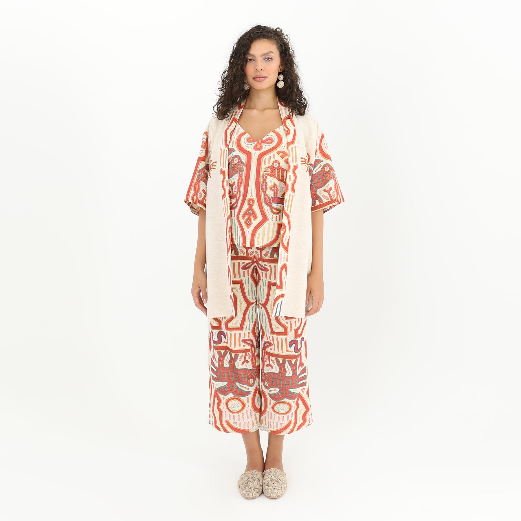 Front view of Tribal Print Open Front Kimono - 95% Polyester, 5% Linen