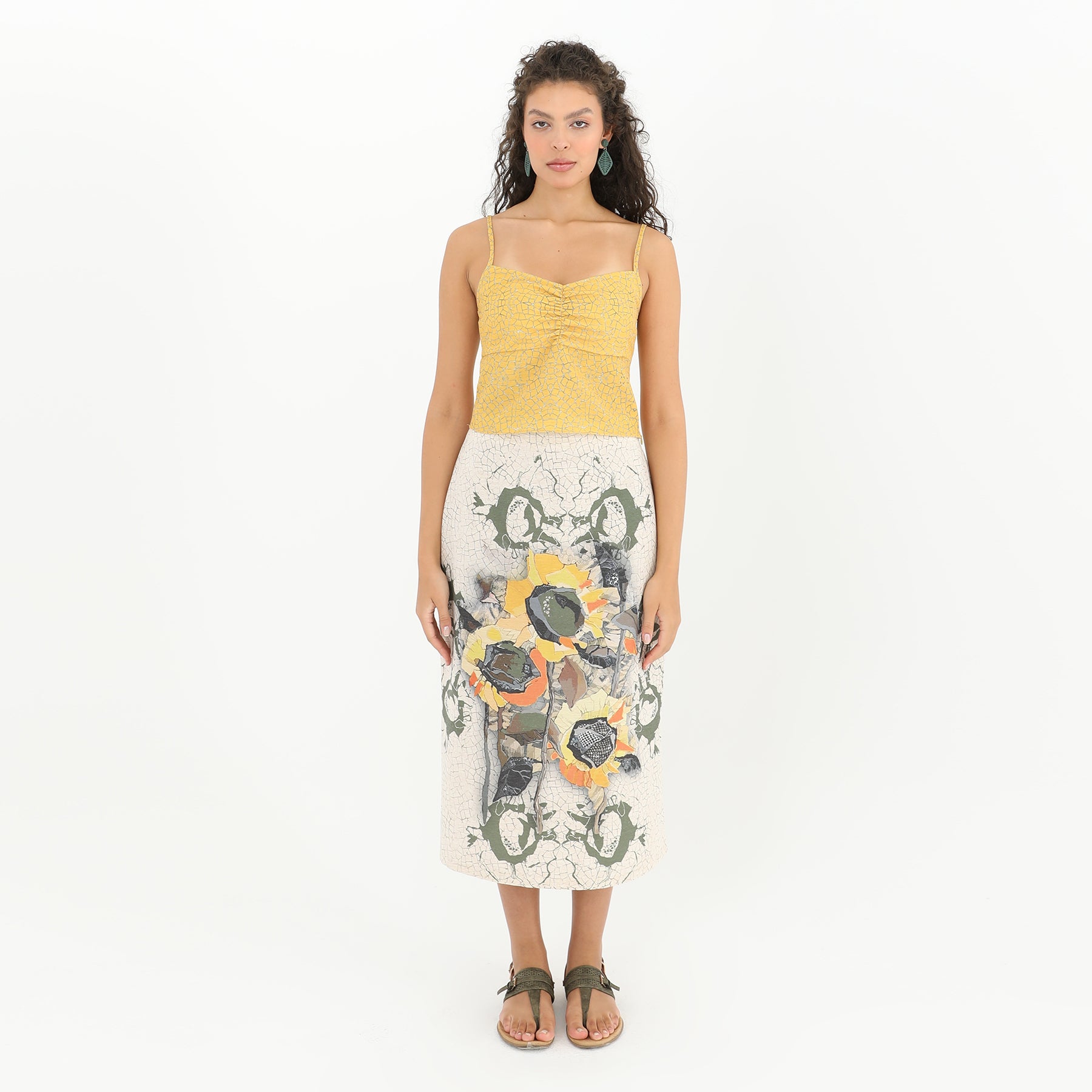 Front view of Tiles Print Strappy Crop Top - 95% Polyester, 5% Linen