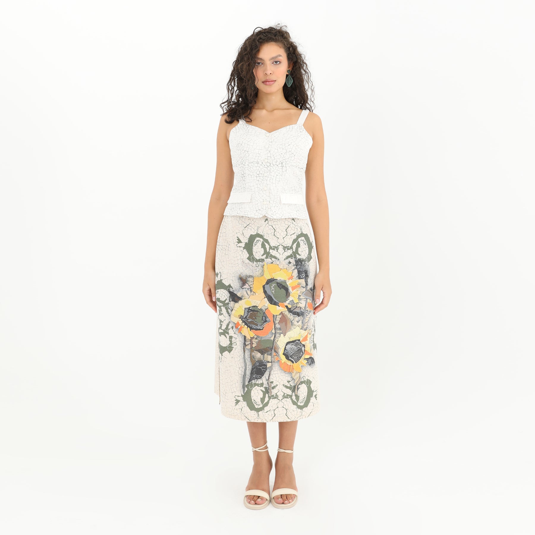 Front view of Tiles Print Button Up Crop Top - 95% Polyester, 5% Linen
