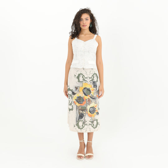 Front view of Tiles Print Button Up Crop Top - 95% Polyester, 5% Linen