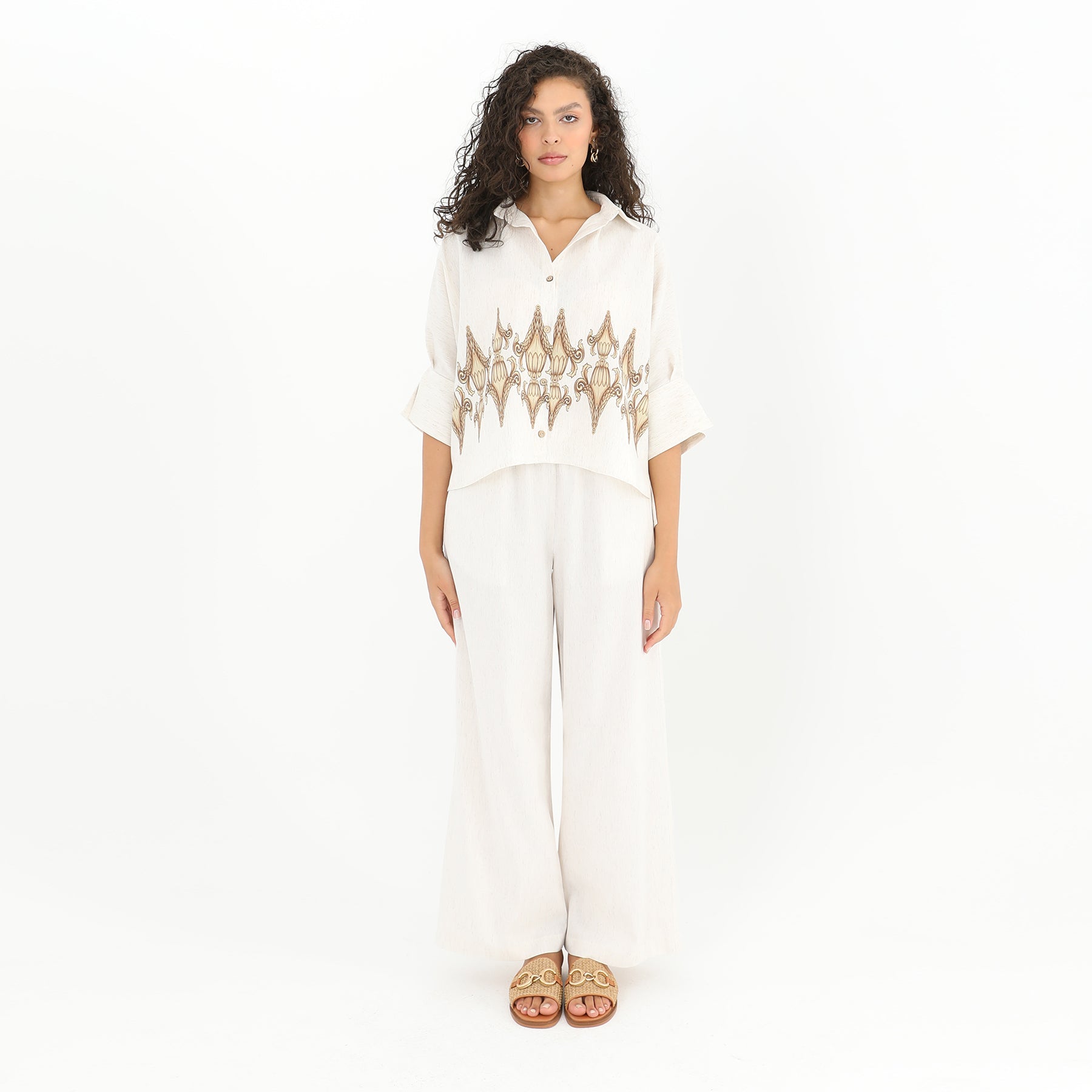 Front view of High-Low Print Collar Shirt - 95% Polyester, 5% Linen