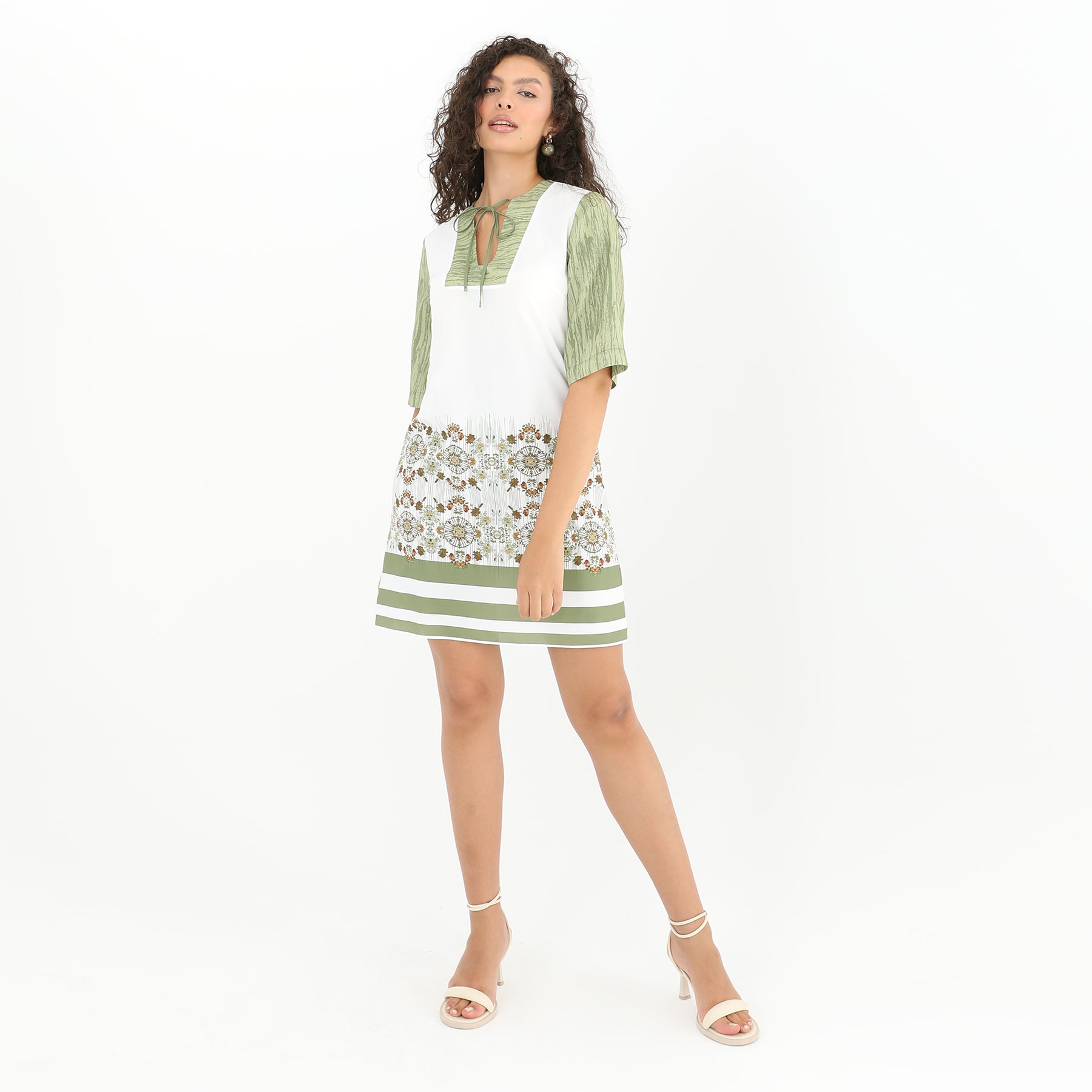 Front view of Mixed Print Midi Tunic Dress - 98% Polyester, 2% Lycra