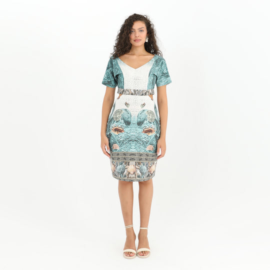 Coastal Print V-Neck Midi Dress - Effortless Elegance