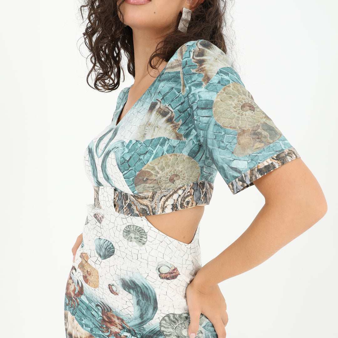 Coastal Print Side Cut-Out Midi Dress 60870
