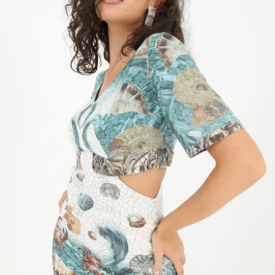 Coastal Print Side Cut-Out Midi Dress 60870