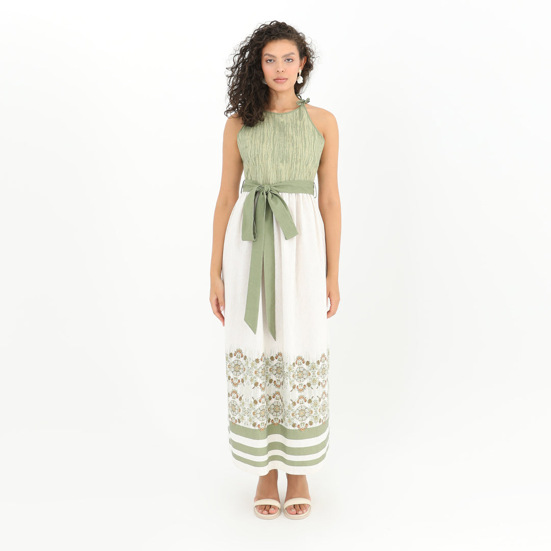 Front view of Tie Straps Belted Print Maxi Dress - 95% Polyester, 5% Linen