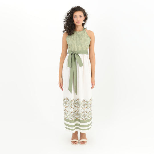 Front view of Tie Straps Belted Print Maxi Dress - 95% Polyester, 5% Linen