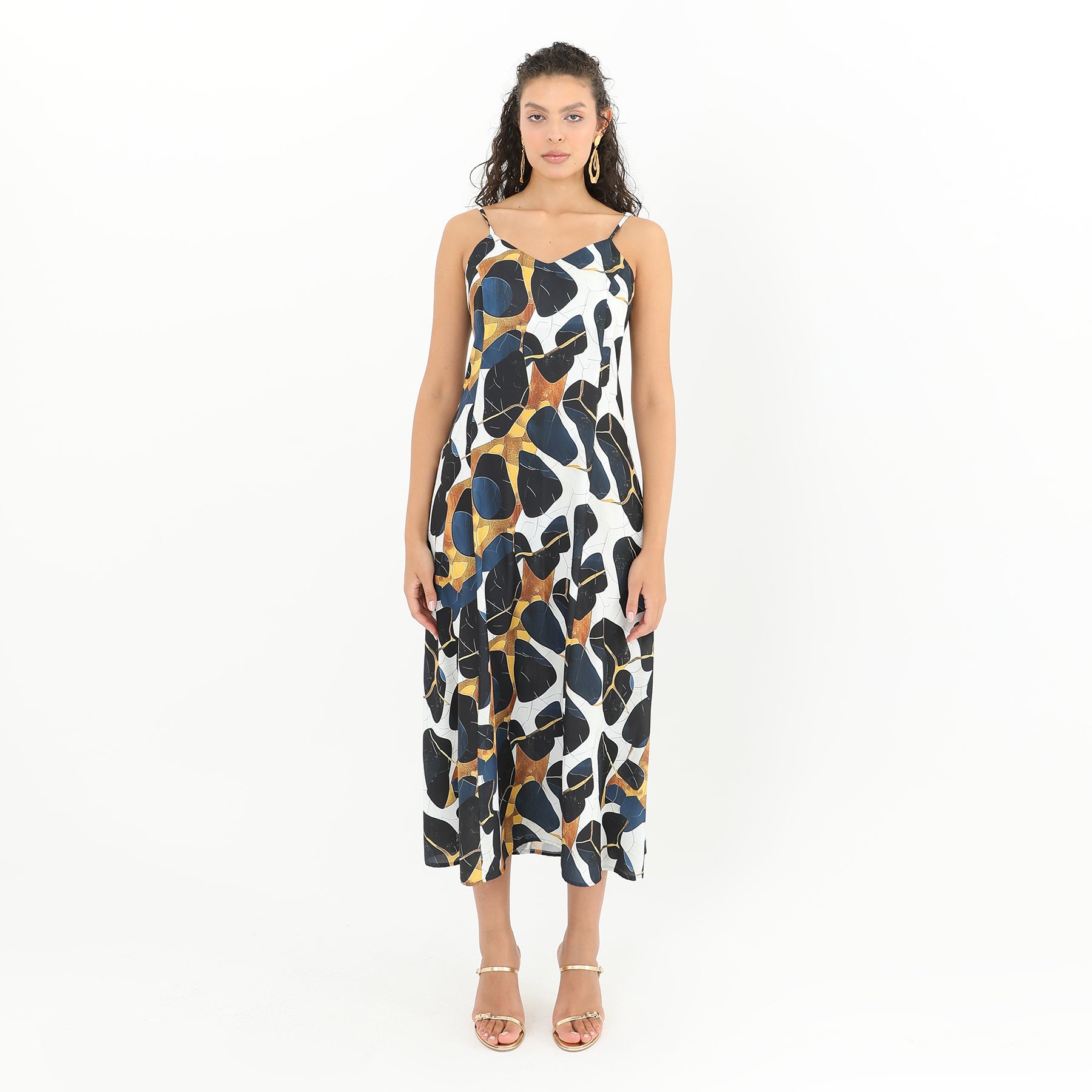 Front view of Stone Print Slip Maxi Dress - 98% Polyester, 2% Lycra
