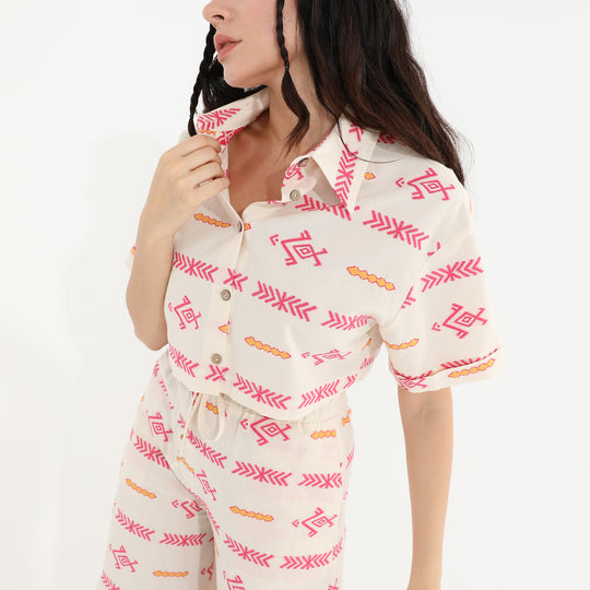 Print Button Up Crop Shirt 60524