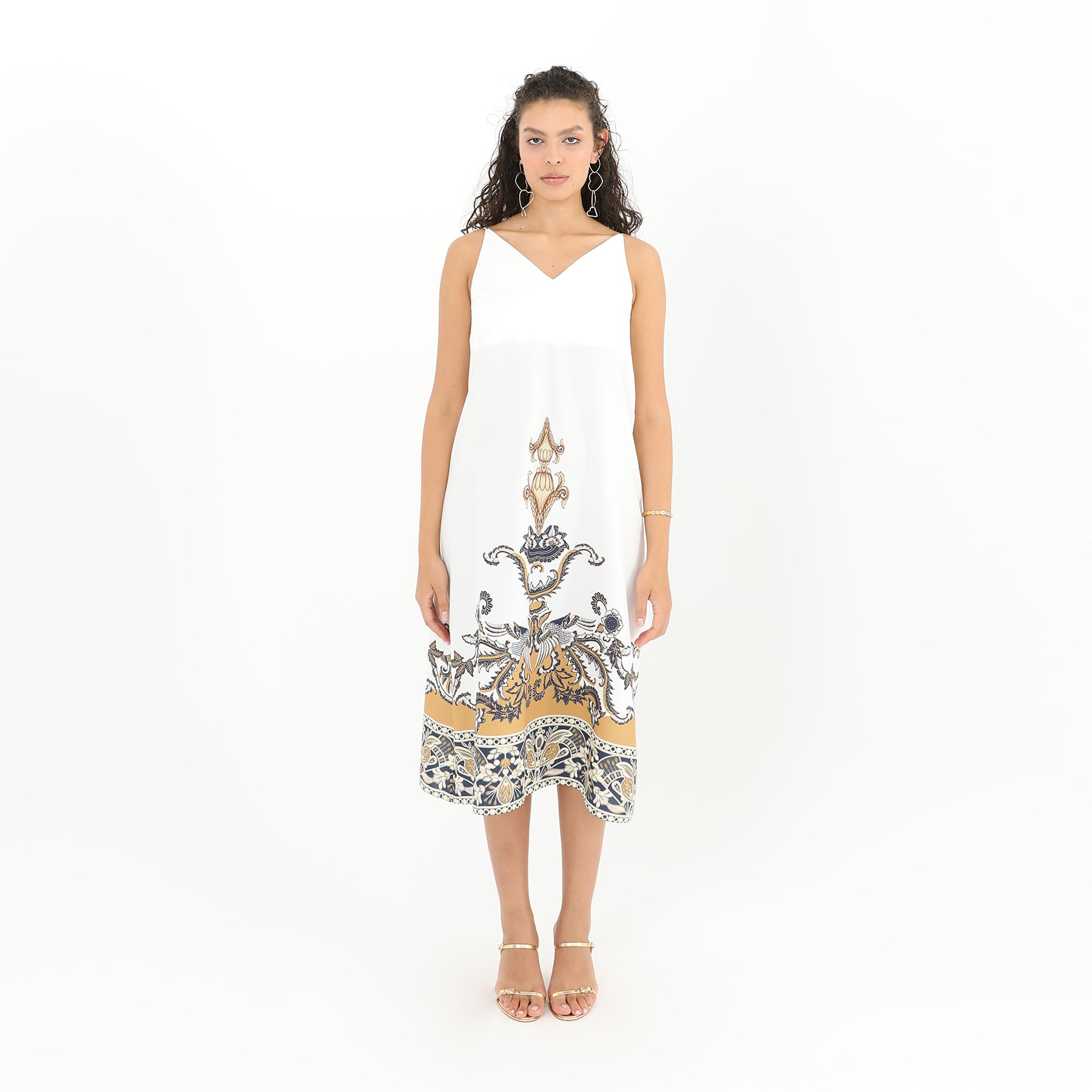 Front view of Spaghetti Strap Abstract Print Midi Dress - 98% Polyester, 2% Lycra