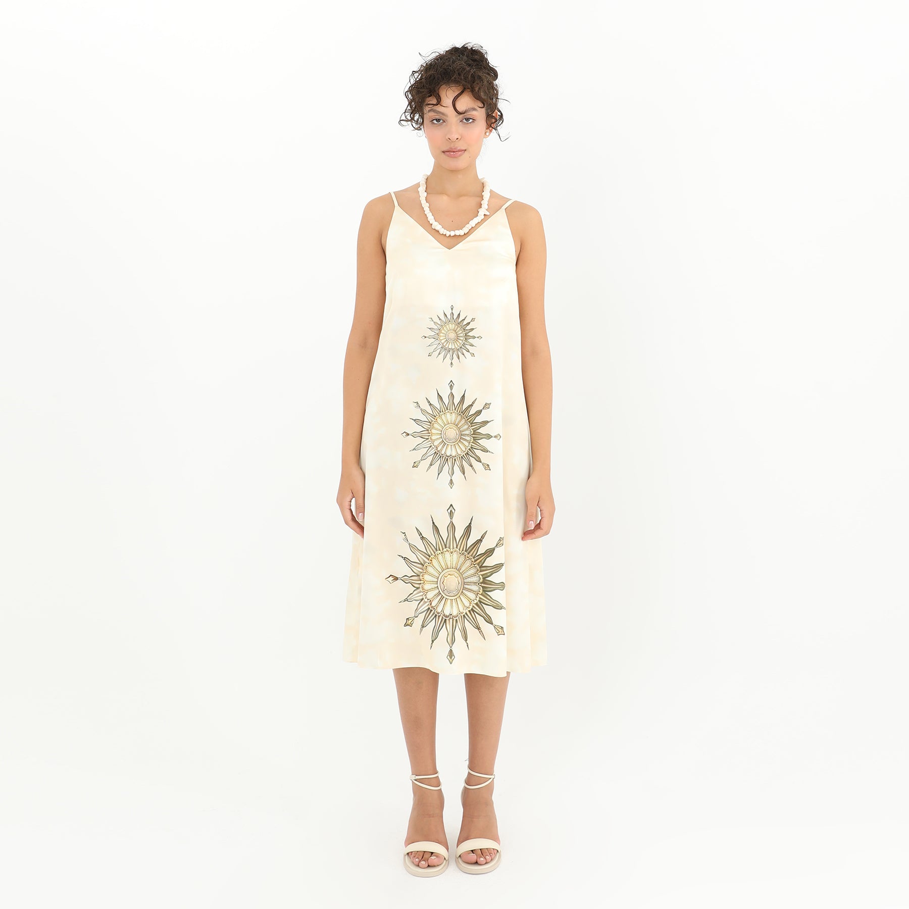 Front view of Sleeveless Sunburst Print Midi Dress - 97% Polyester, 3% Lycra