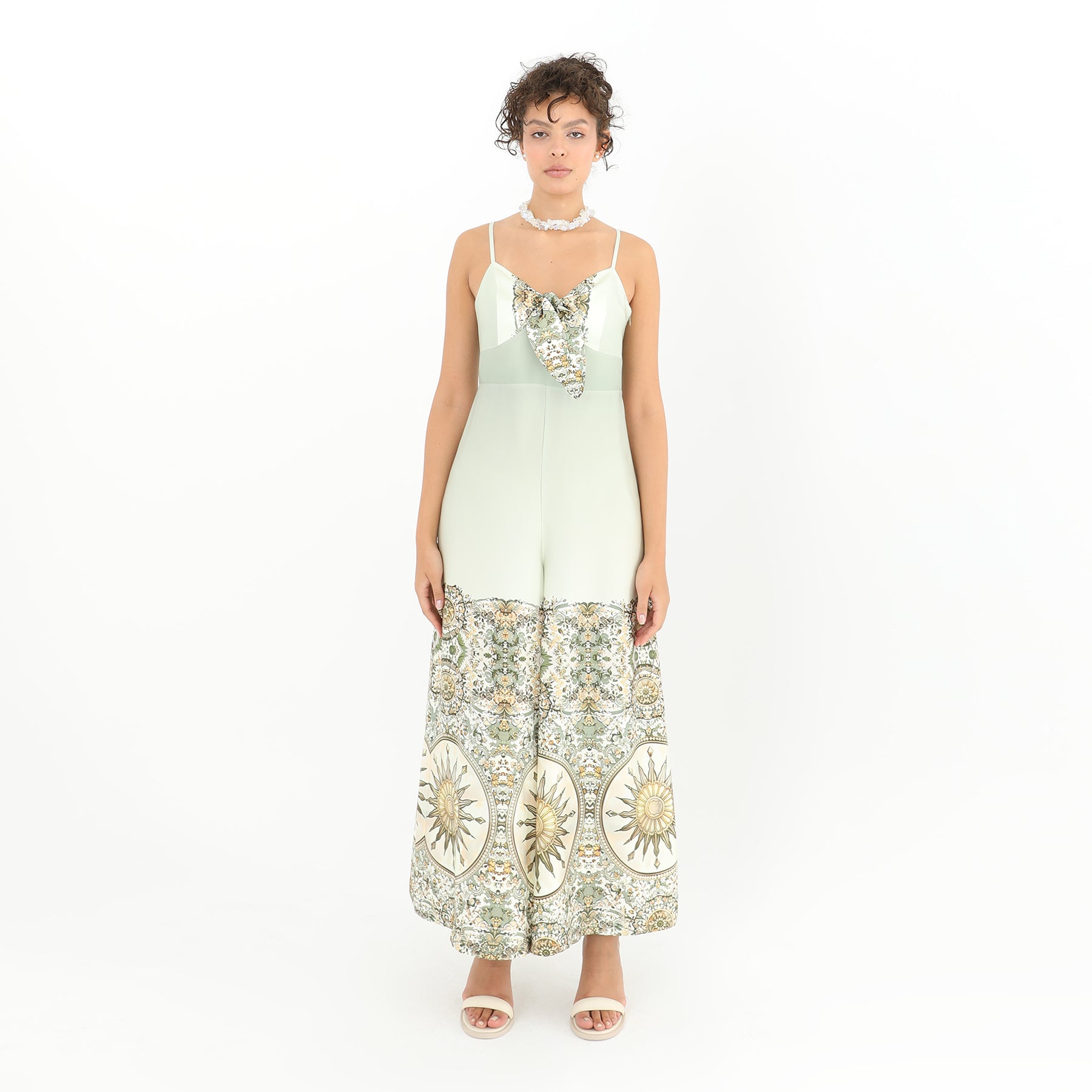 Front view of Sunburst Print Wide Leg Jumpsuit - 97% Polyester, 3% Lycra