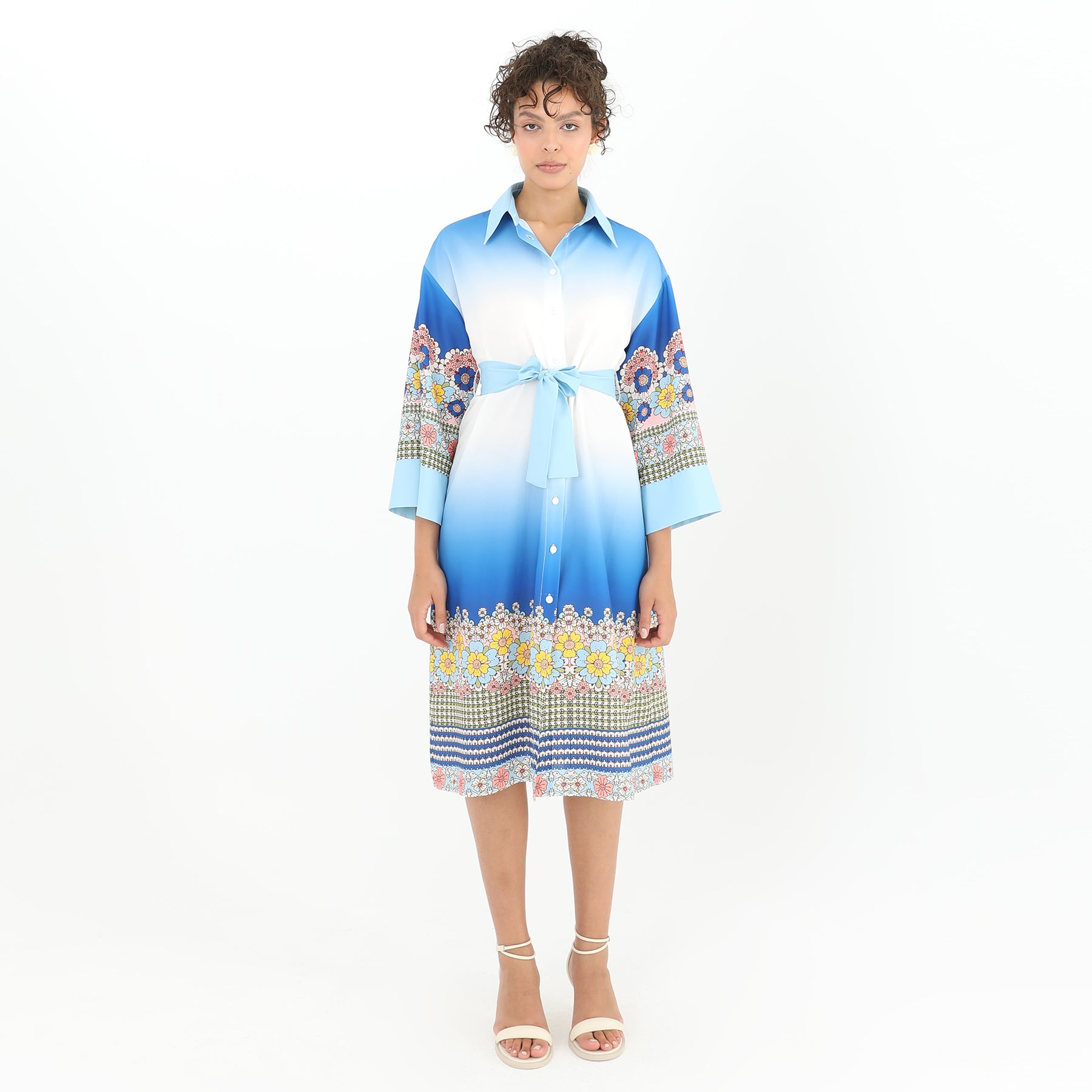 Floral Blue Print Collar Shirtdress - Elegant and Comfortable