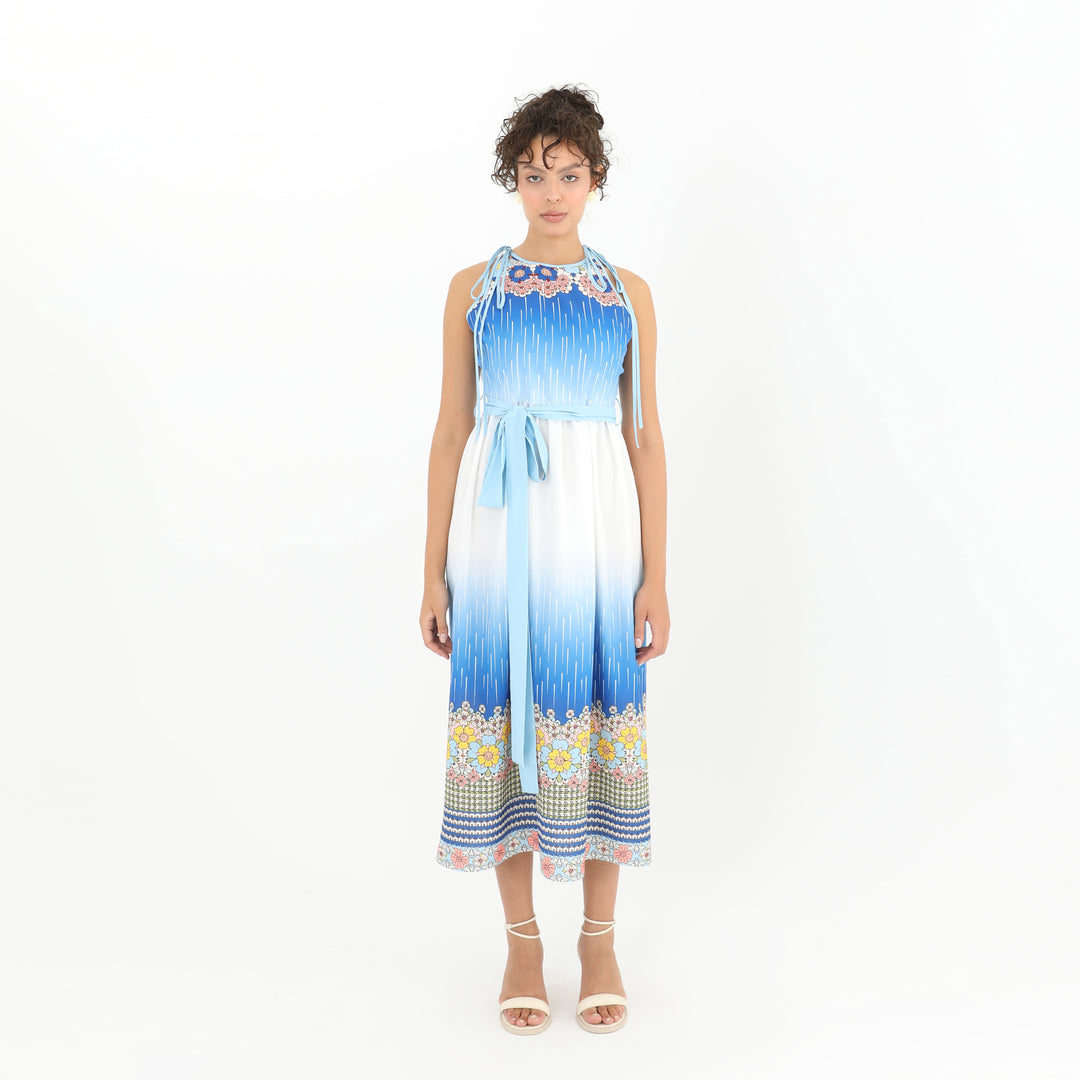Belted Floral Blue Print Midi Dress - Elegant and Comfortable