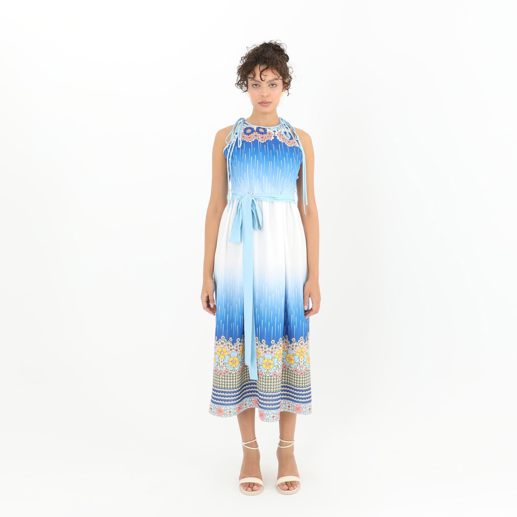 Belted Floral Blue Print Midi Dress - Elegant and Comfortable