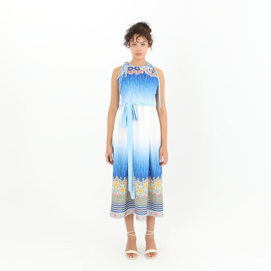 Belted Floral Blue Print Midi Dress - Elegant and Comfortable