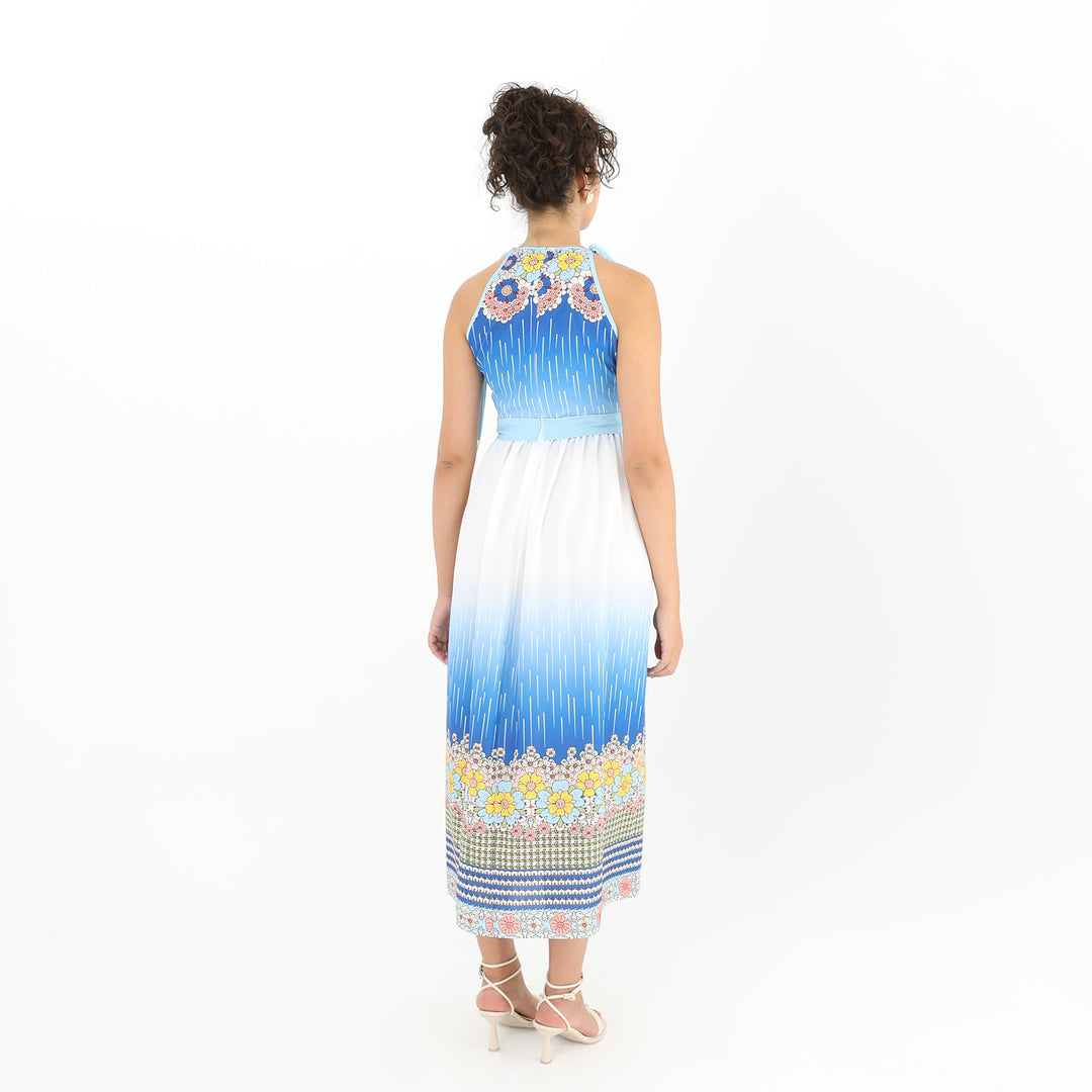 Belted Floral Blue Print Midi Dress 60862