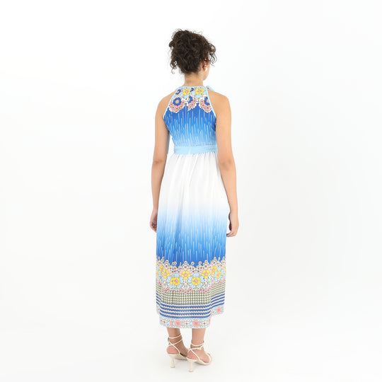 Belted Floral Blue Print Midi Dress 60862