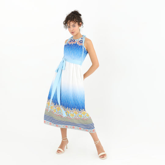 Belted Floral Blue Print Midi Dress 60862