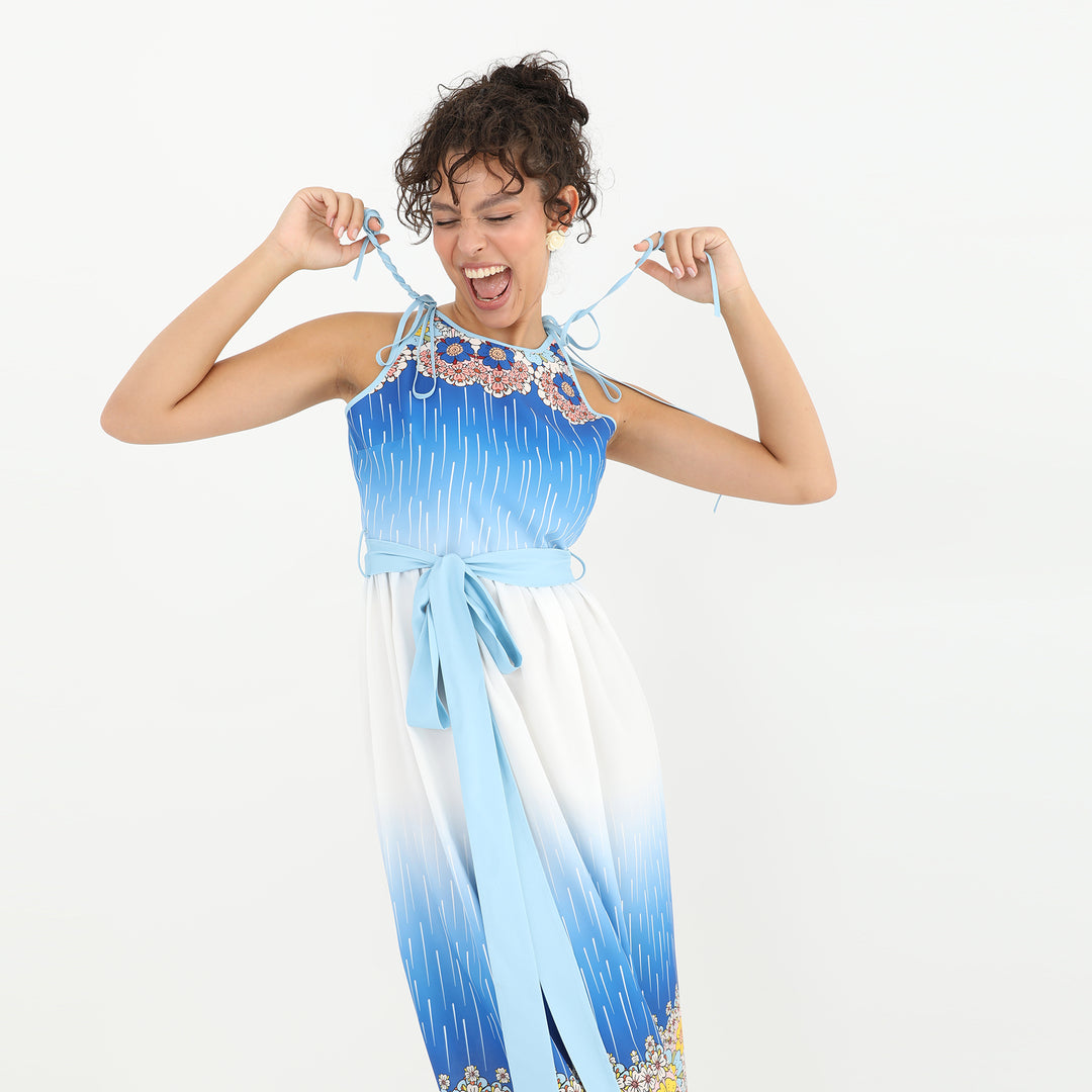 Belted Floral Blue Print Midi Dress 60862