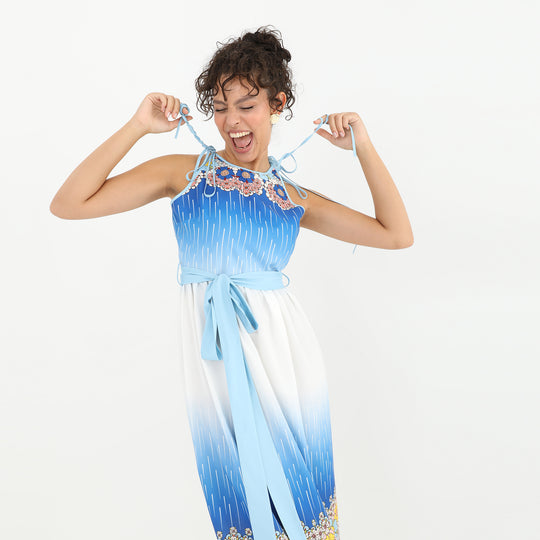 Belted Floral Blue Print Midi Dress 60862