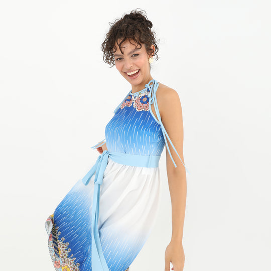 Belted Floral Blue Print Midi Dress 60862