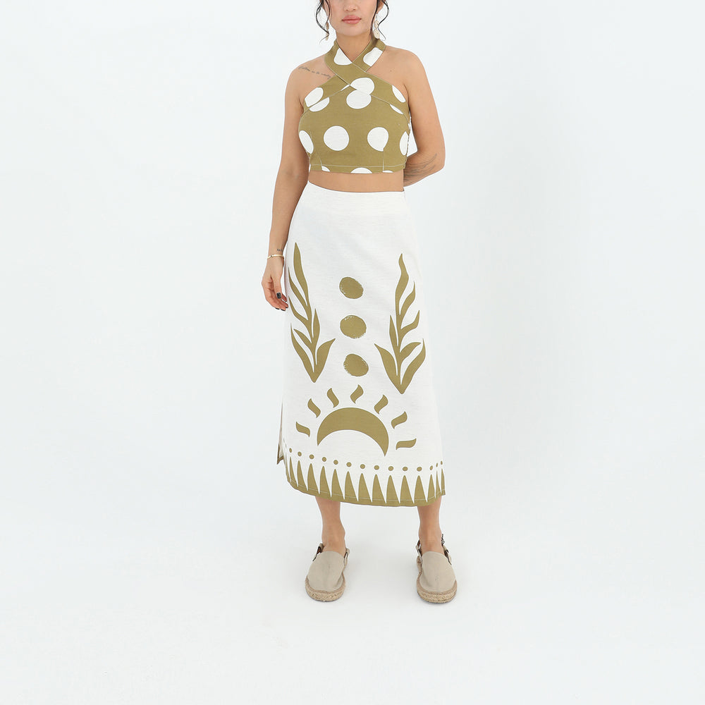 Sun Print Linen Blend Set – Olive Halter Top & Midi Skirt Co-Ord