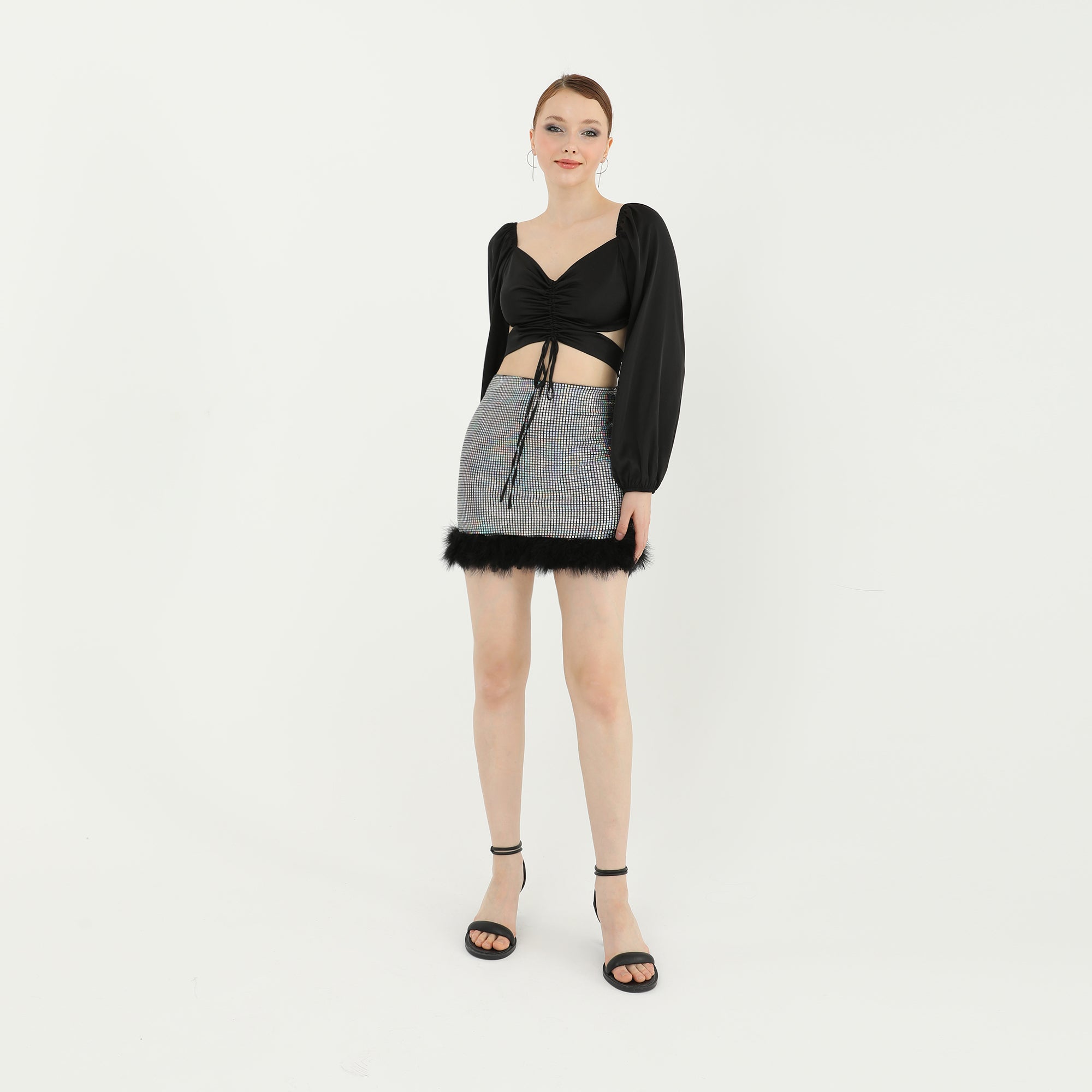 Feathered Trim Metallic Mini Skirt 60726 – SoulofMu