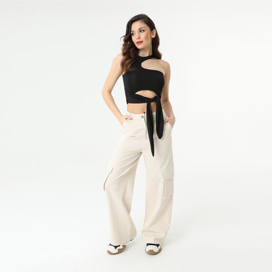 Asymmetric Collar Waisloom Decolar Crop Top 31123