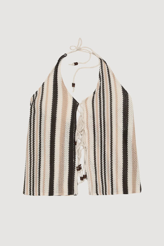 Striped Halter-Neck Blouse – Braided Bead Tie Detail  25YBLZ00423