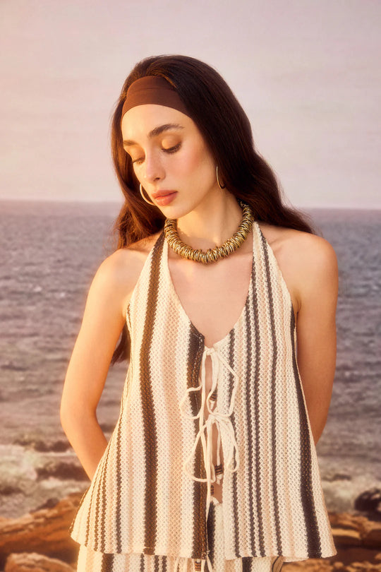 Striped Halter-Neck Blouse – Braided Bead Tie Detail  25YBLZ00423
