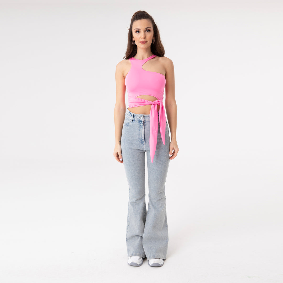 Asymmetric Collar Waisloom Decolar Crop Top 31123