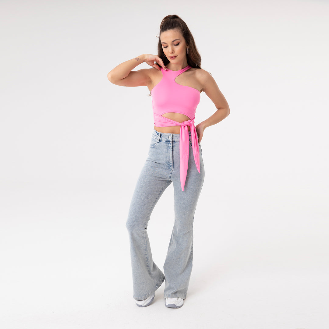 Asymmetric Collar Waisloom Decolar Crop Top 31123