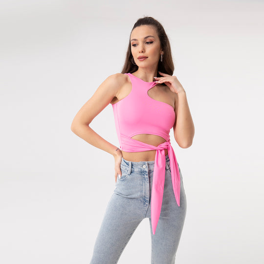 Asymmetric Collar Waisloom Decolar Crop Top 31123