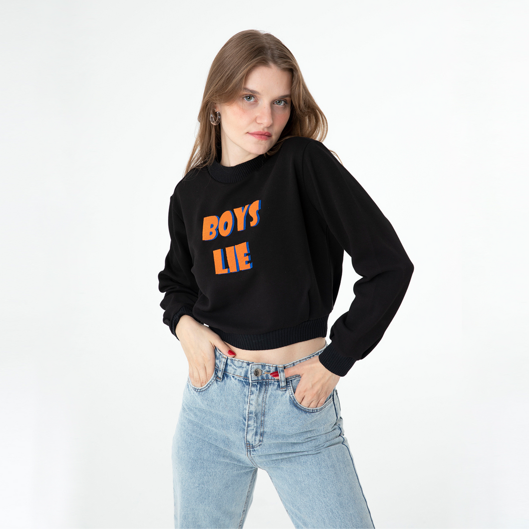 Mock Neck Embroidered Crop Sweatshirt 60278