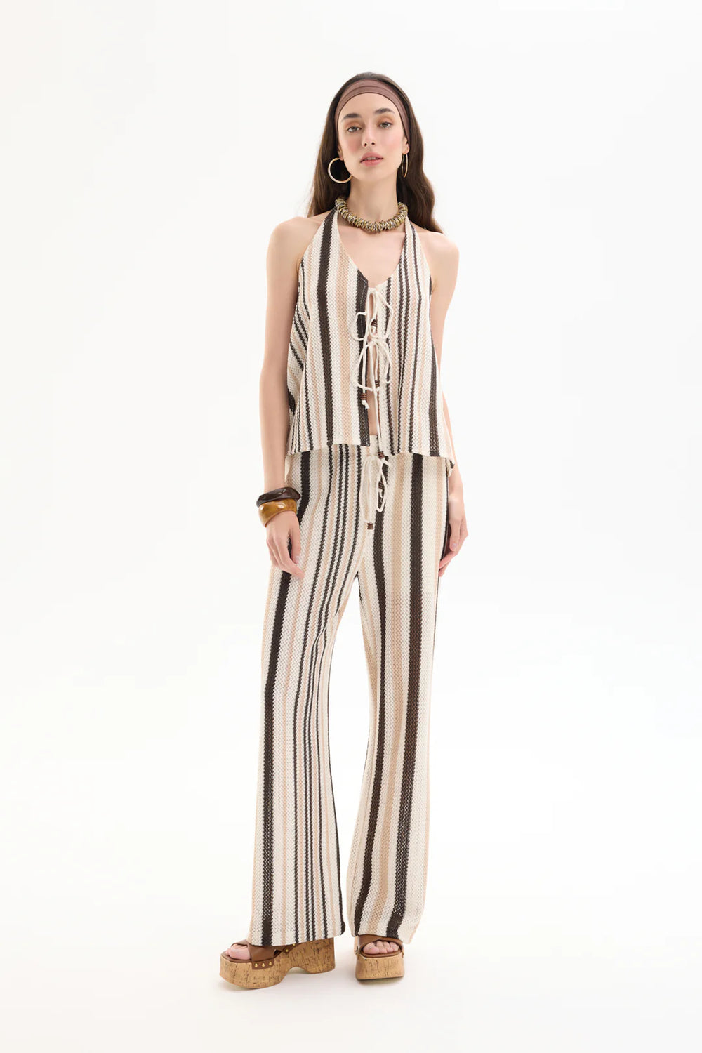 Striped Halter-Neck Blouse – Braided Bead Tie Detail  25YBLZ00423