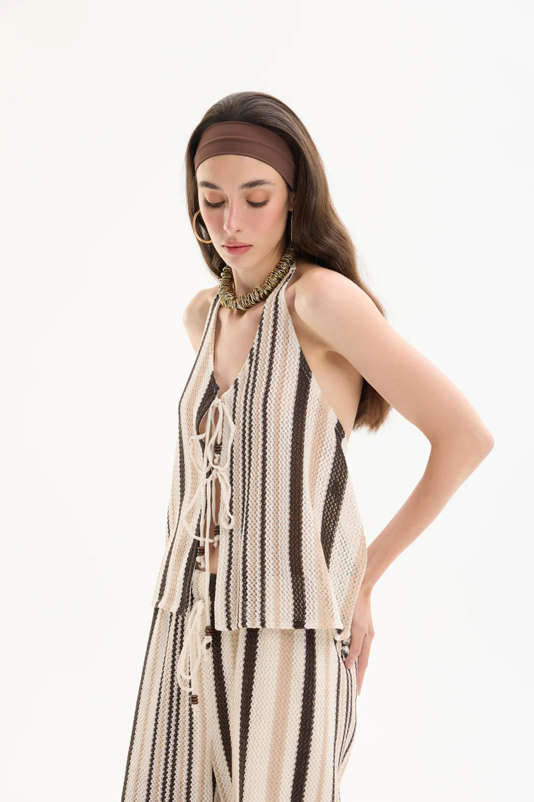 Striped Halter-Neck Blouse – Braided Bead Tie Detail  25YBLZ00423